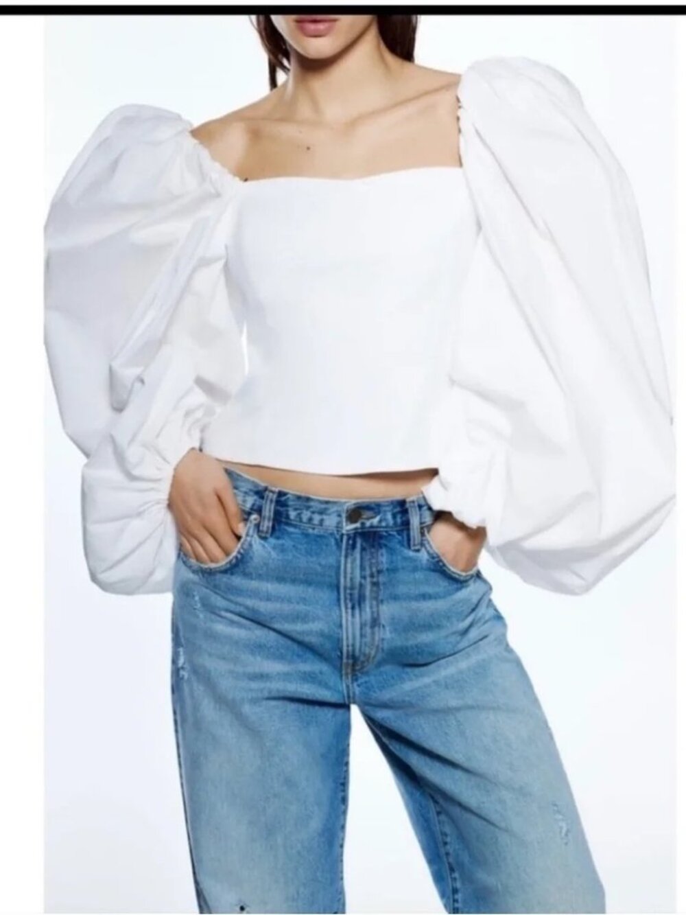 Zara White Cotton Puff Sleeve Crop Top Square Neck Blouse XS NWOT